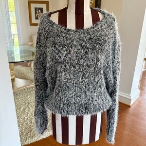 Big Water Blue Sky Gray Marble Fuzzy Knit Cropped Sweater Cozy Soft Pullover S